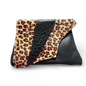 Leopard Print and Black Leather Clutch